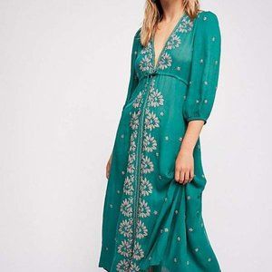 Free People Embroidered Fable Midi Dress Green XS